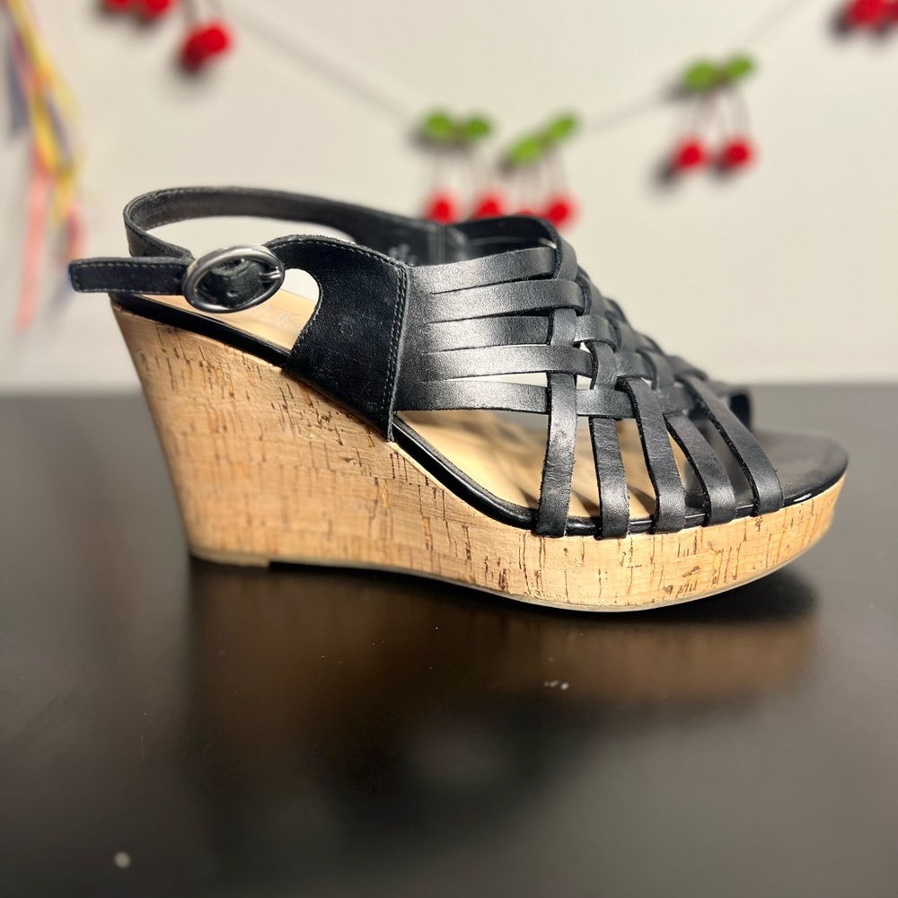 Franco Sarto Black Wedge Sandals with Cork Heel
